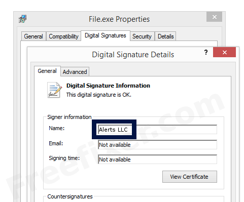 Screenshot of the Alerts LLC certificate